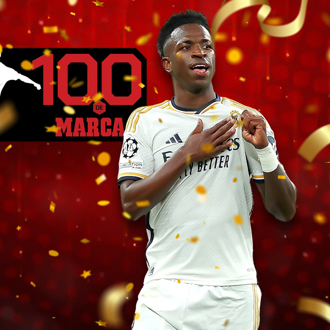 Vinicius đứng đầu trong top 100 cầu thủ hay nhất mùa 2023/24 theo bầu chọn của Marca